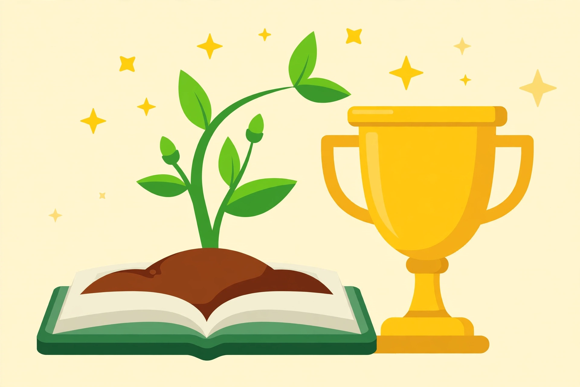 Golden trophy with plant growing from a book symbolizing rewards and progress in studying