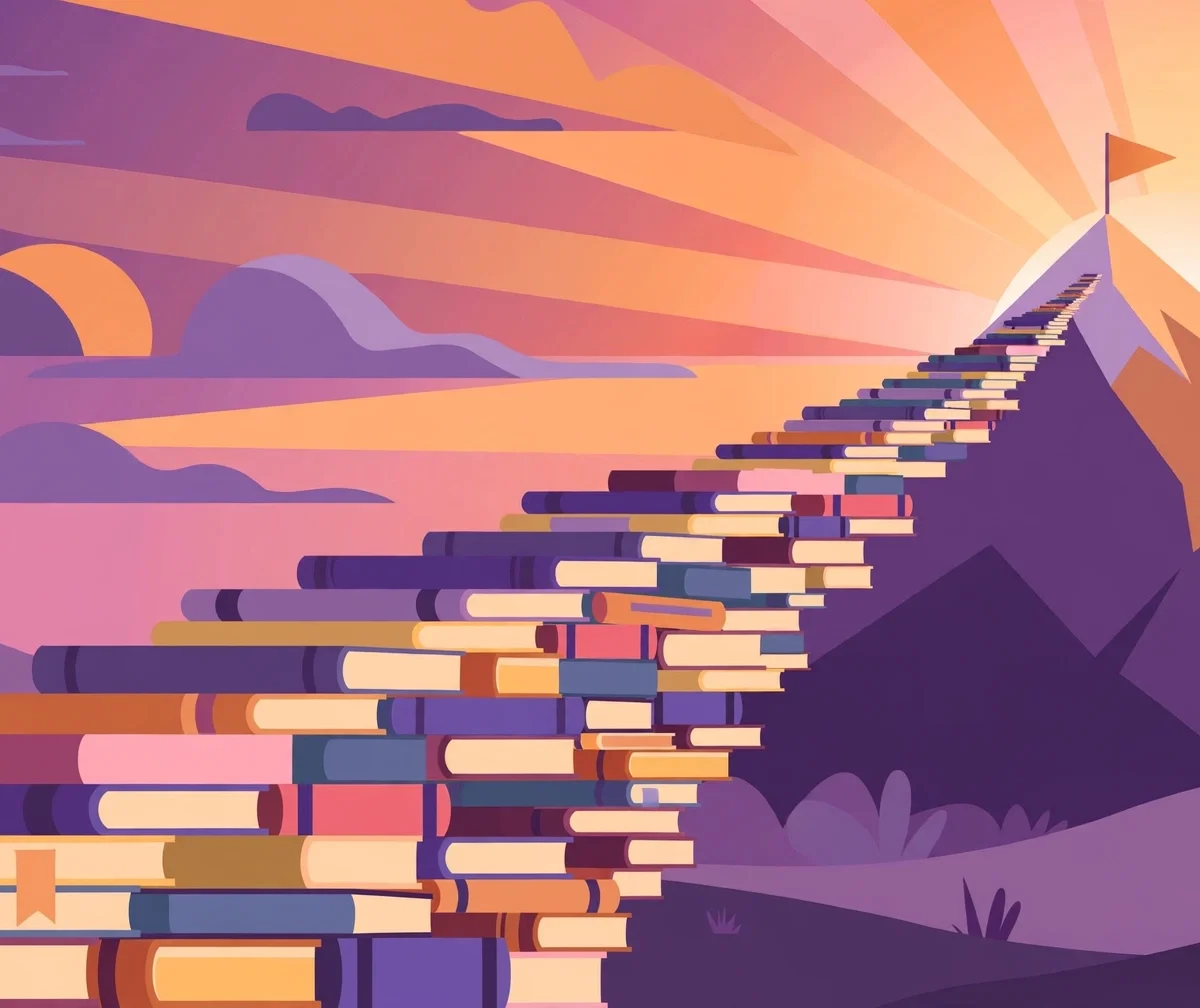 Book staircase to a mountain summit flag at sunrise symbolizing staying motivated while studying