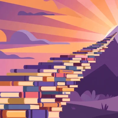Book staircase to a mountain summit flag at sunrise symbolizing staying motivated while studying
