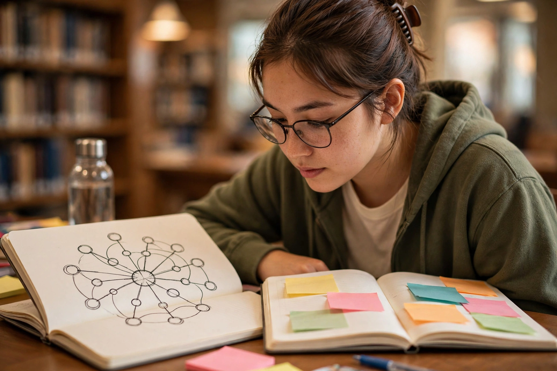 College student reviewing handwritten study notes with mind map connections