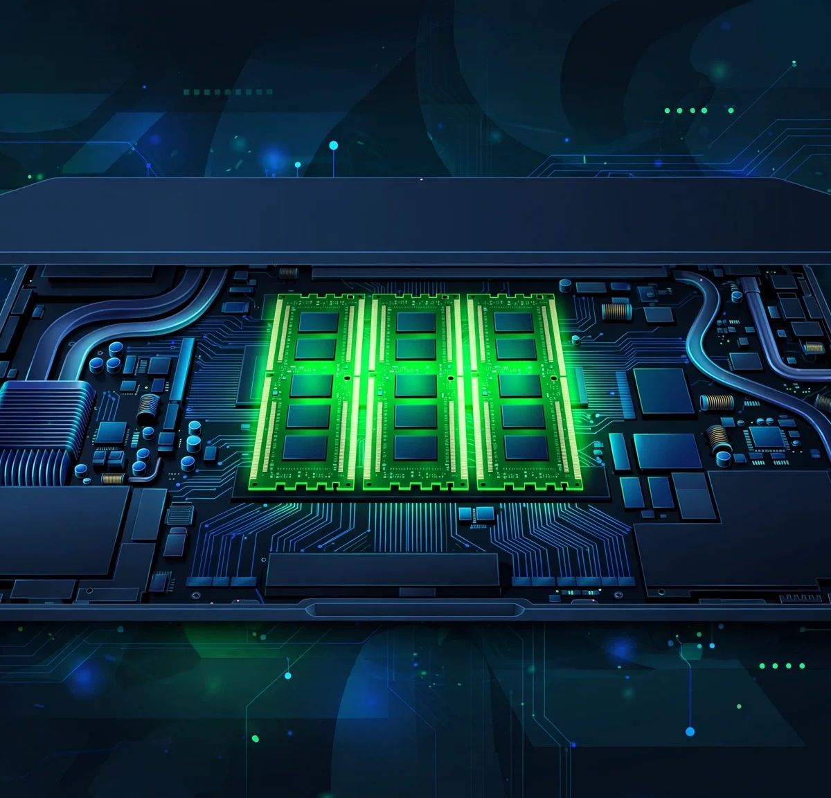 Laptop with open bottom panel revealing RAM memory modules inside, how to upgrade RAM on laptop illustration