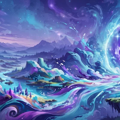 Artist paintbrush creating colorful AI generated fantasy art through a glowing portal for Midjourney guide