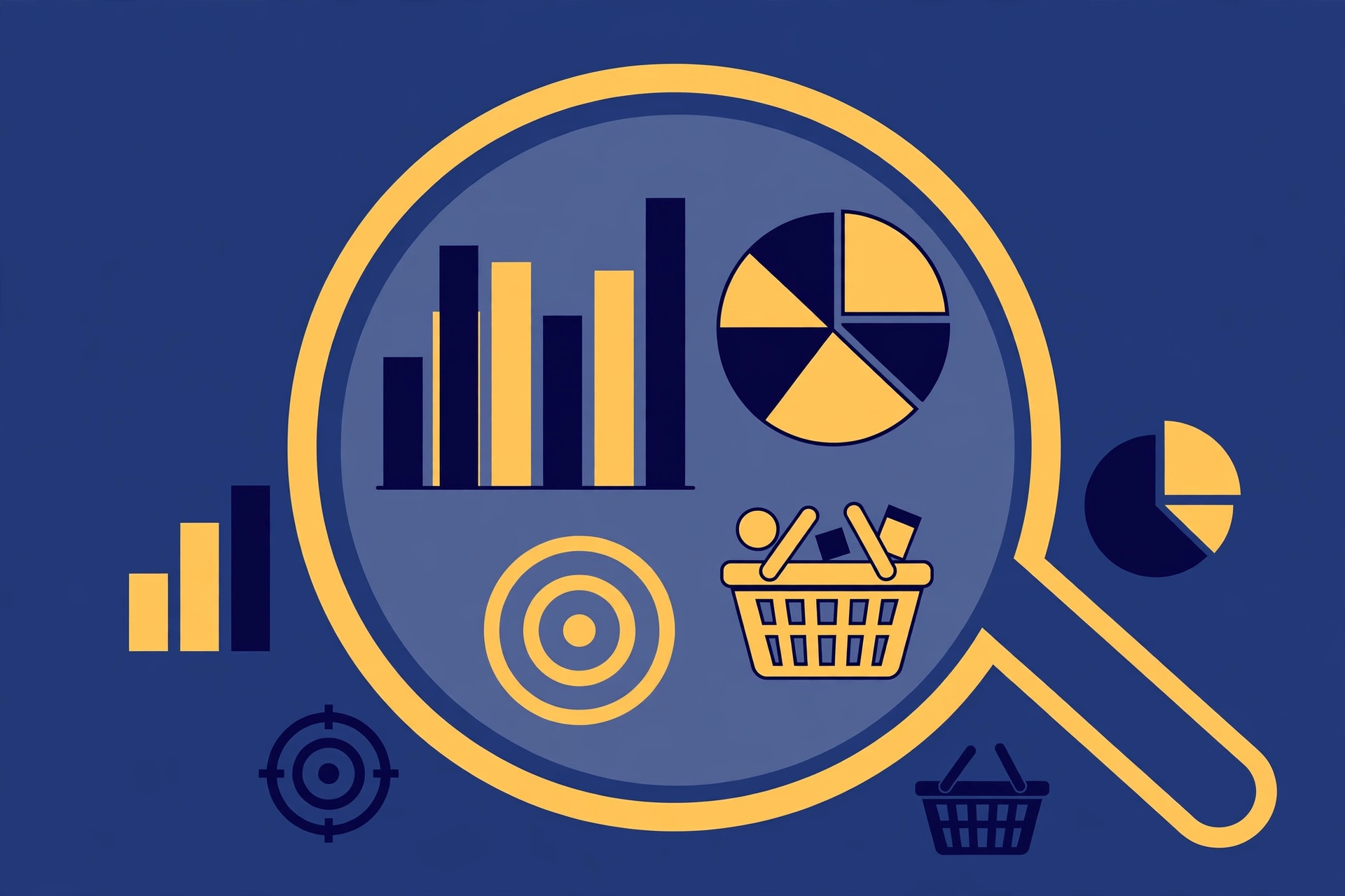 Market research charts and target symbol for business plan analysis