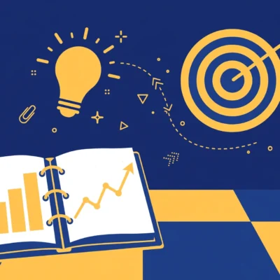 Small business plan binder with growth charts and strategy symbols