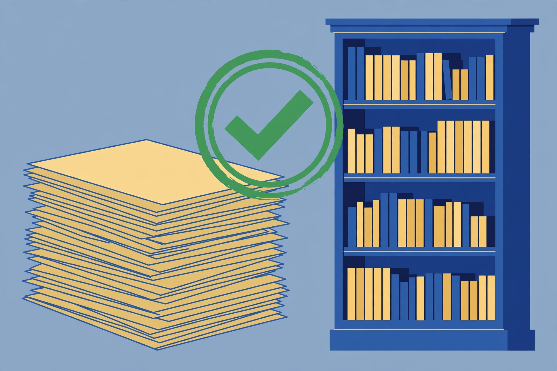 Stack of documents with green checkmark and bookshelf representing final proofreading of a research paper