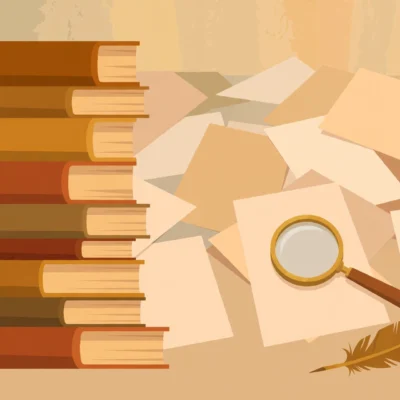 Stack of books with magnifying glass and quill over documents representing how to write a research paper