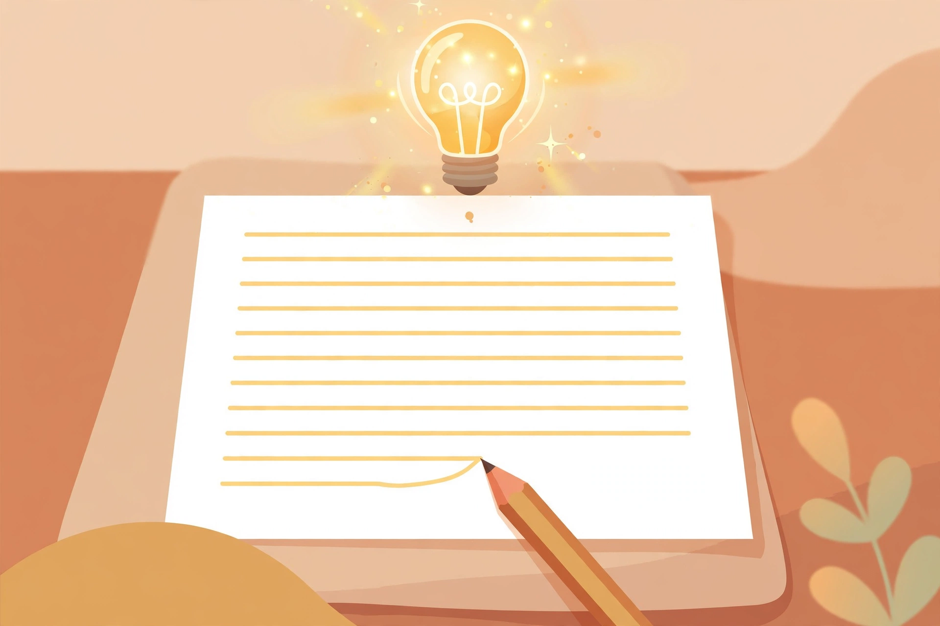 Blank document being drafted with a pencil and a glowing lightbulb idea above it