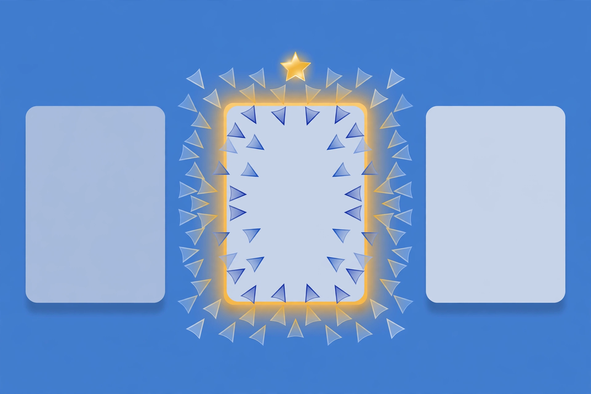 Three search snippet cards side by side with the middle one highlighted in gold