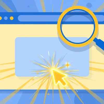 Magnifying glass over a search result card with a cursor clicking, illustrating meta descriptions that get clicks