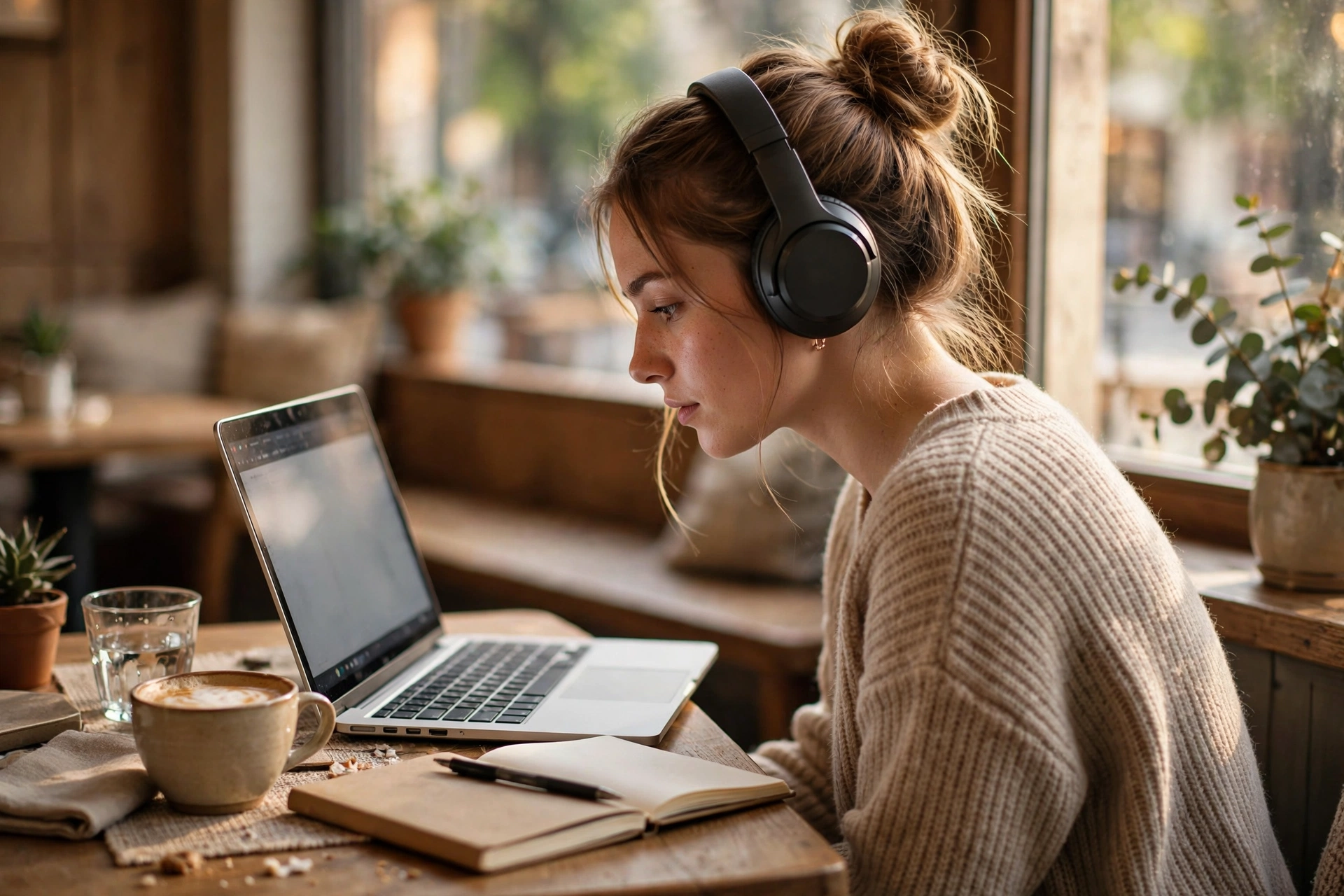 Woman with headphones learning a language on laptop representing Duolingo study habits