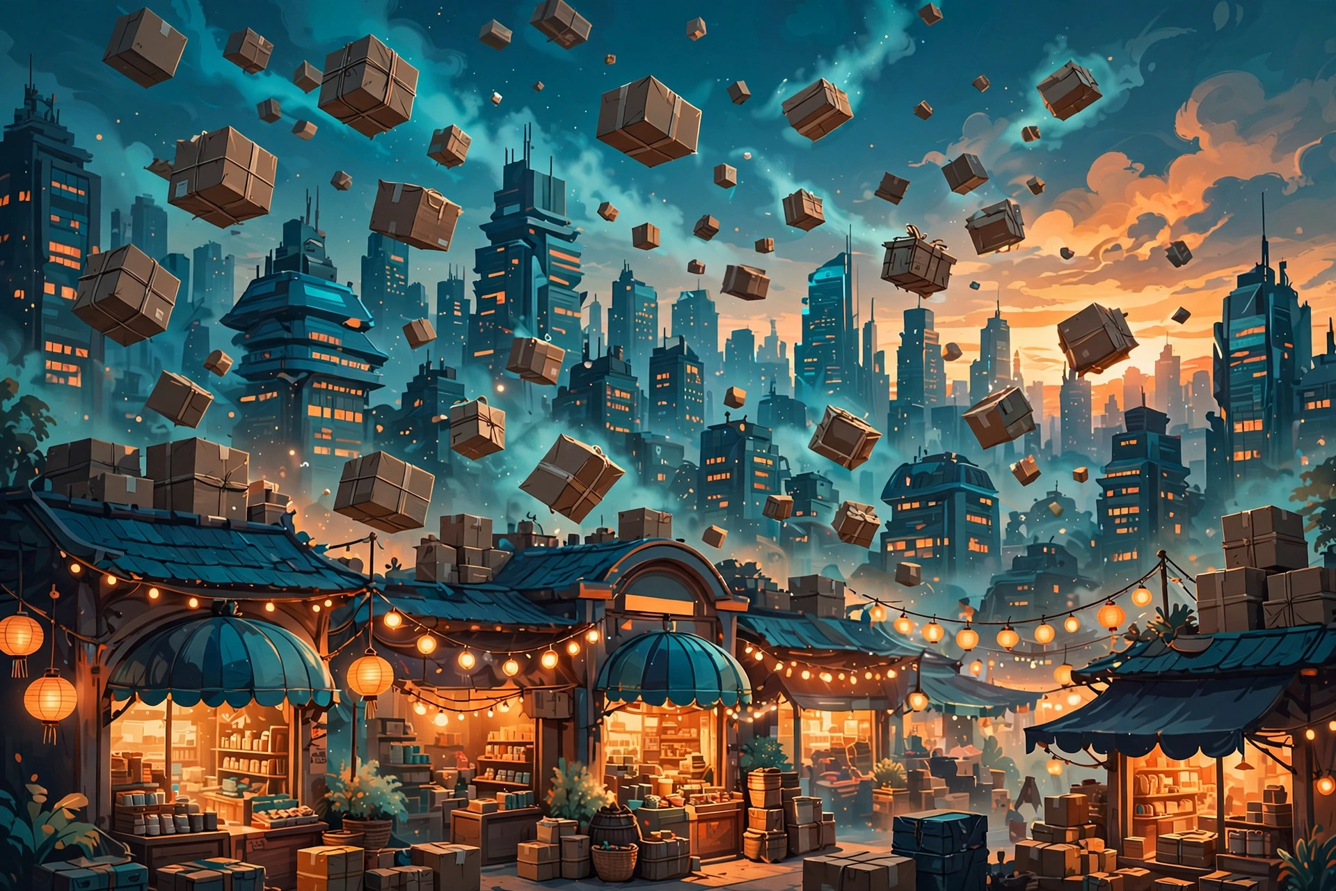 Illustration of a digital e-commerce marketplace with parcels and storefronts representing Alibaba's business