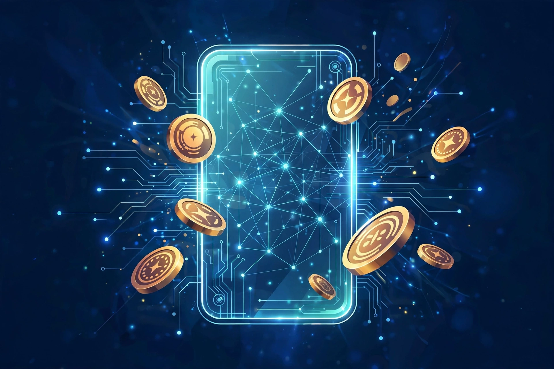 Illustration of a fintech mobile payment concept with coins and network lines representing Ant Group