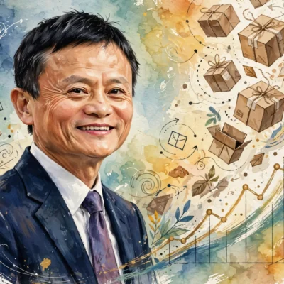 Stylized digital-art portrait of Jack Ma with e-commerce icons symbolizing his estimated 2026 net worth