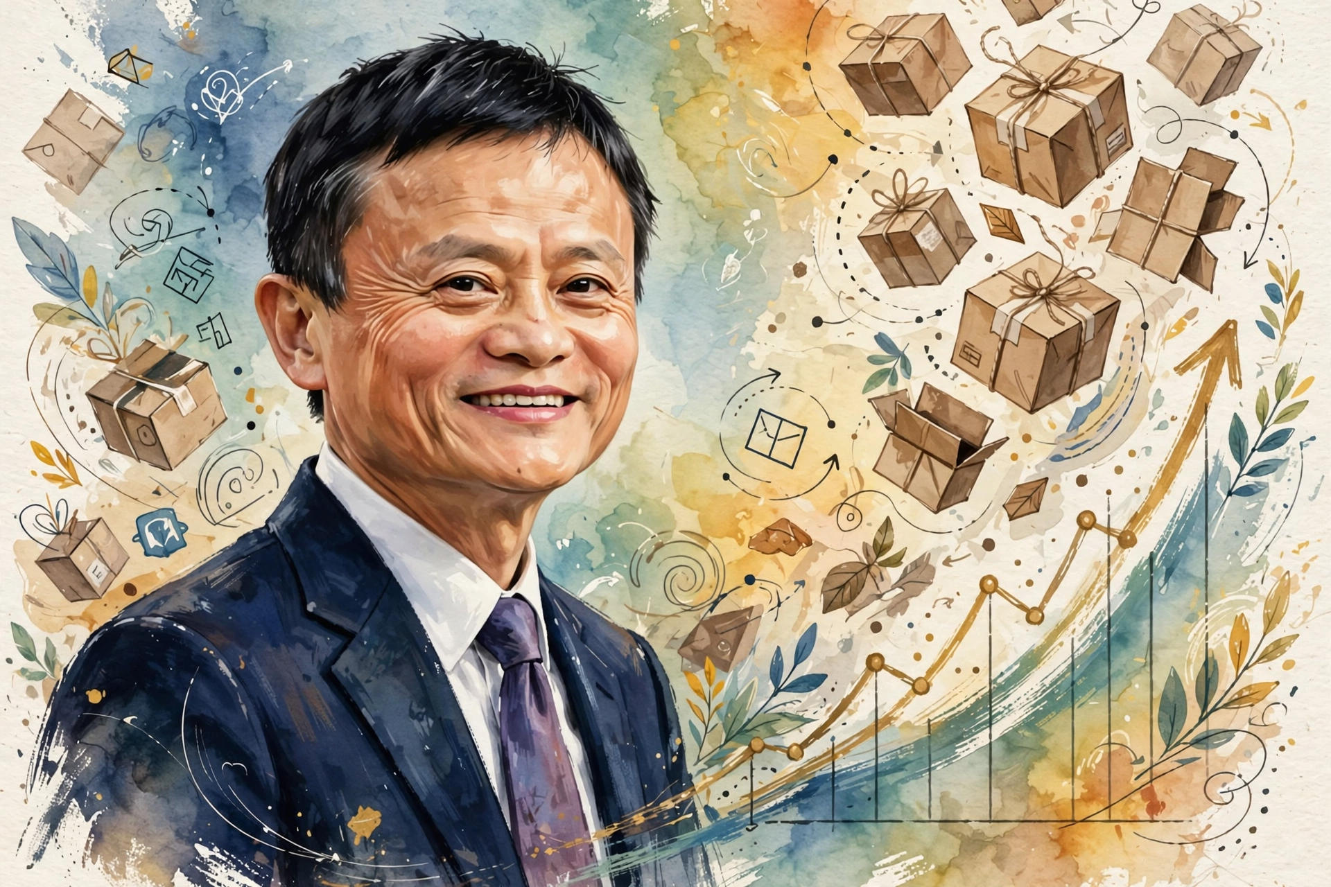 Stylized digital-art portrait of Jack Ma with e-commerce icons symbolizing his estimated 2026 net worth