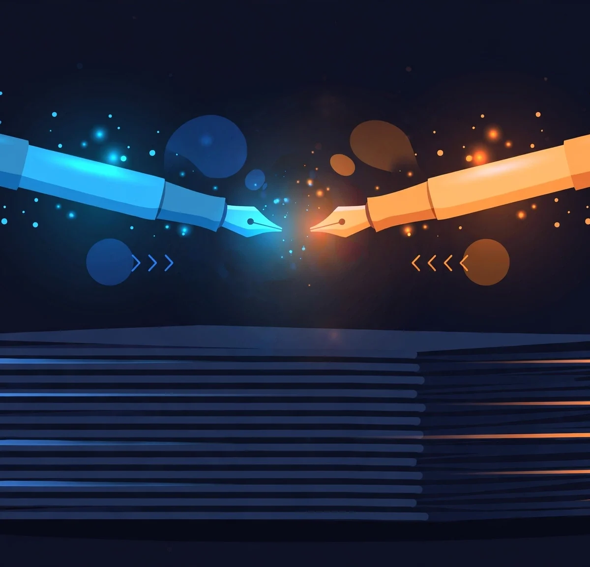 Wide symbolic illustration comparing two AI writing platforms, two glowing pens facing each other over document pages