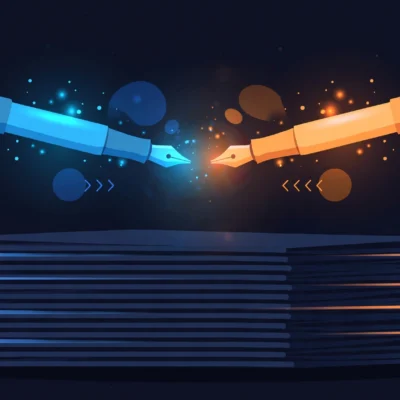Wide symbolic illustration comparing two AI writing platforms, two glowing pens facing each other over document pages