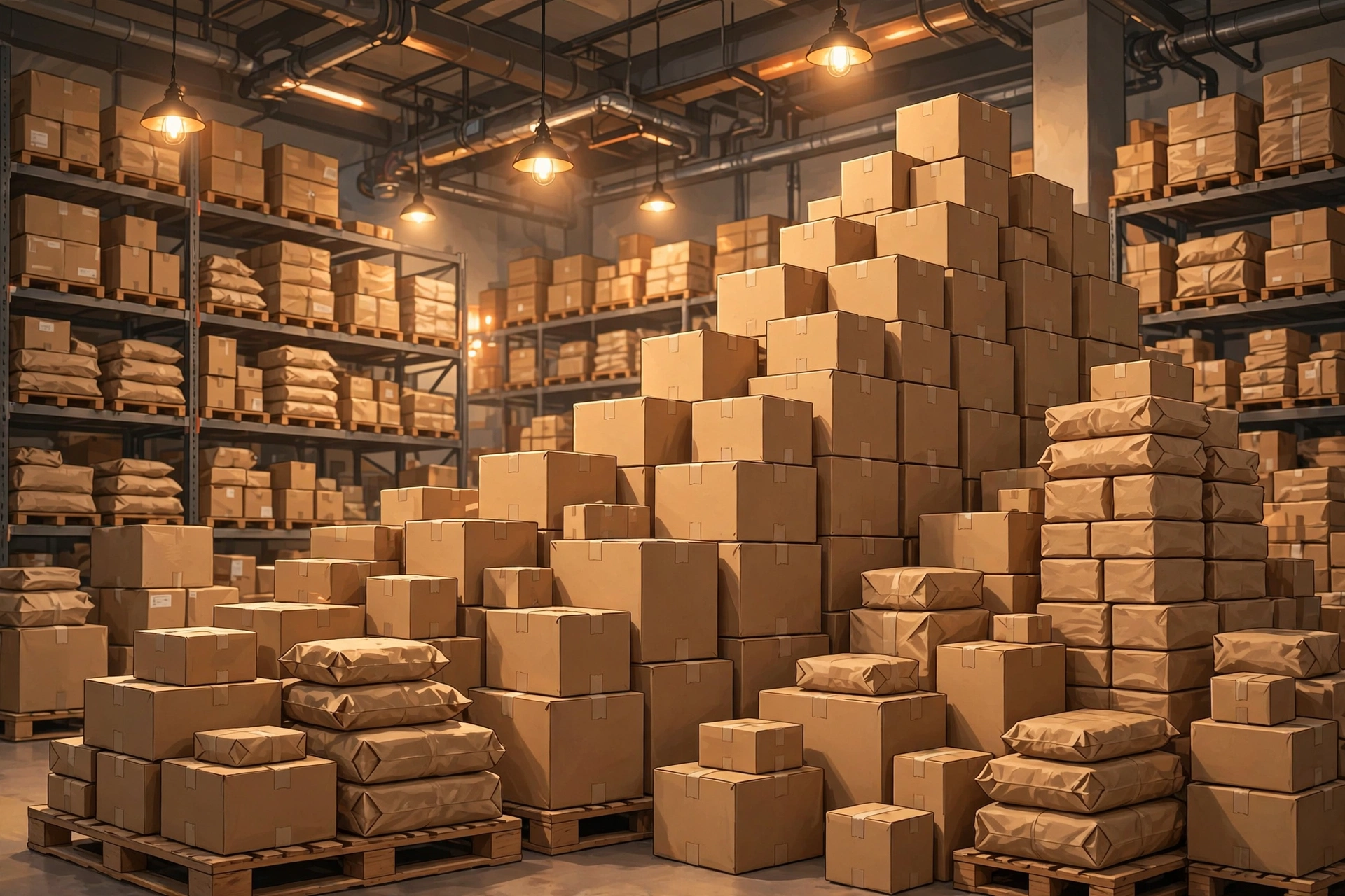 Jeff Bezos net worth 2026 built on Amazon e-commerce, illustrated by stacked shipping boxes in a warehouse
