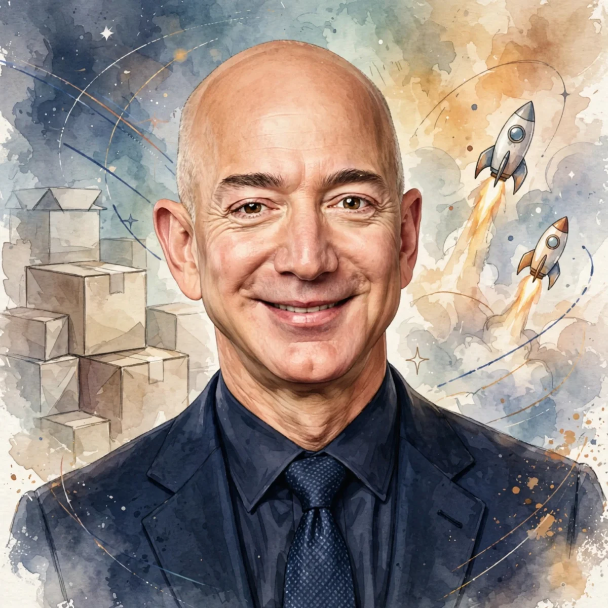 Stylized digital illustration portrait inspired by Jeff Bezos for Jeff Bezos net worth 2026