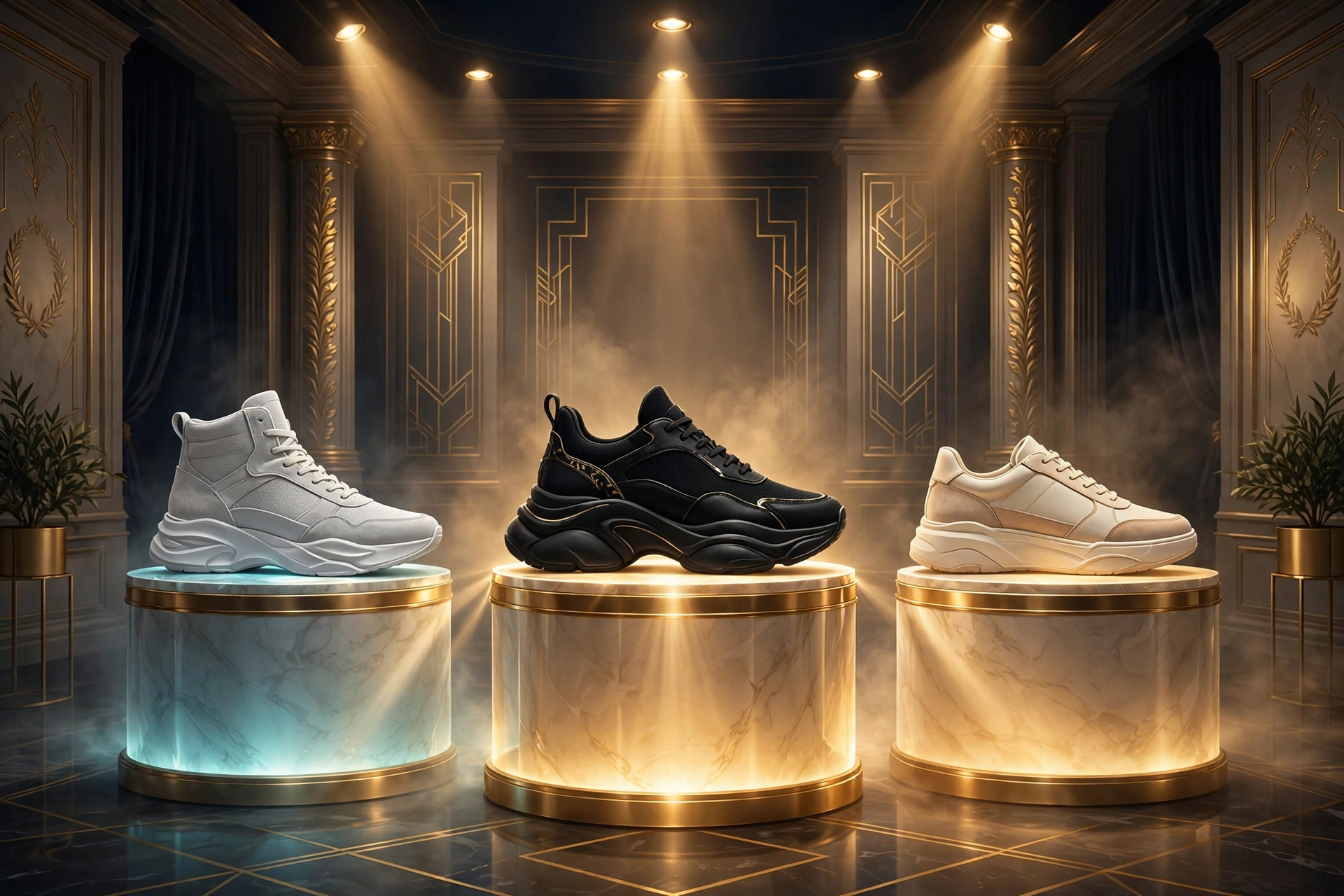 Illustration of sneakers on pedestals symbolizing Kanye West Yeezy fashion empire 2026