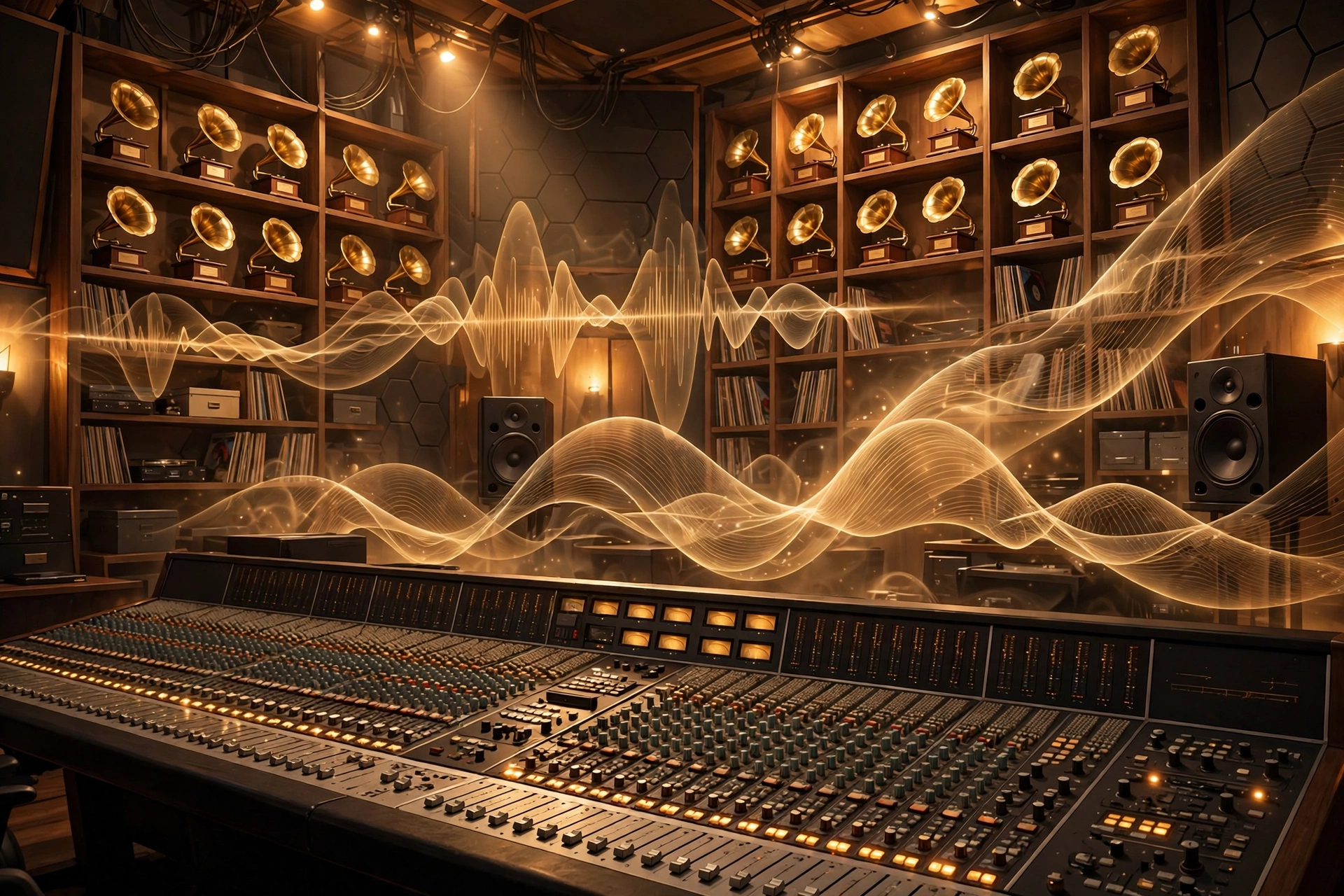 Illustration of a music studio with trophies symbolizing Kanye West music catalog wealth 2026