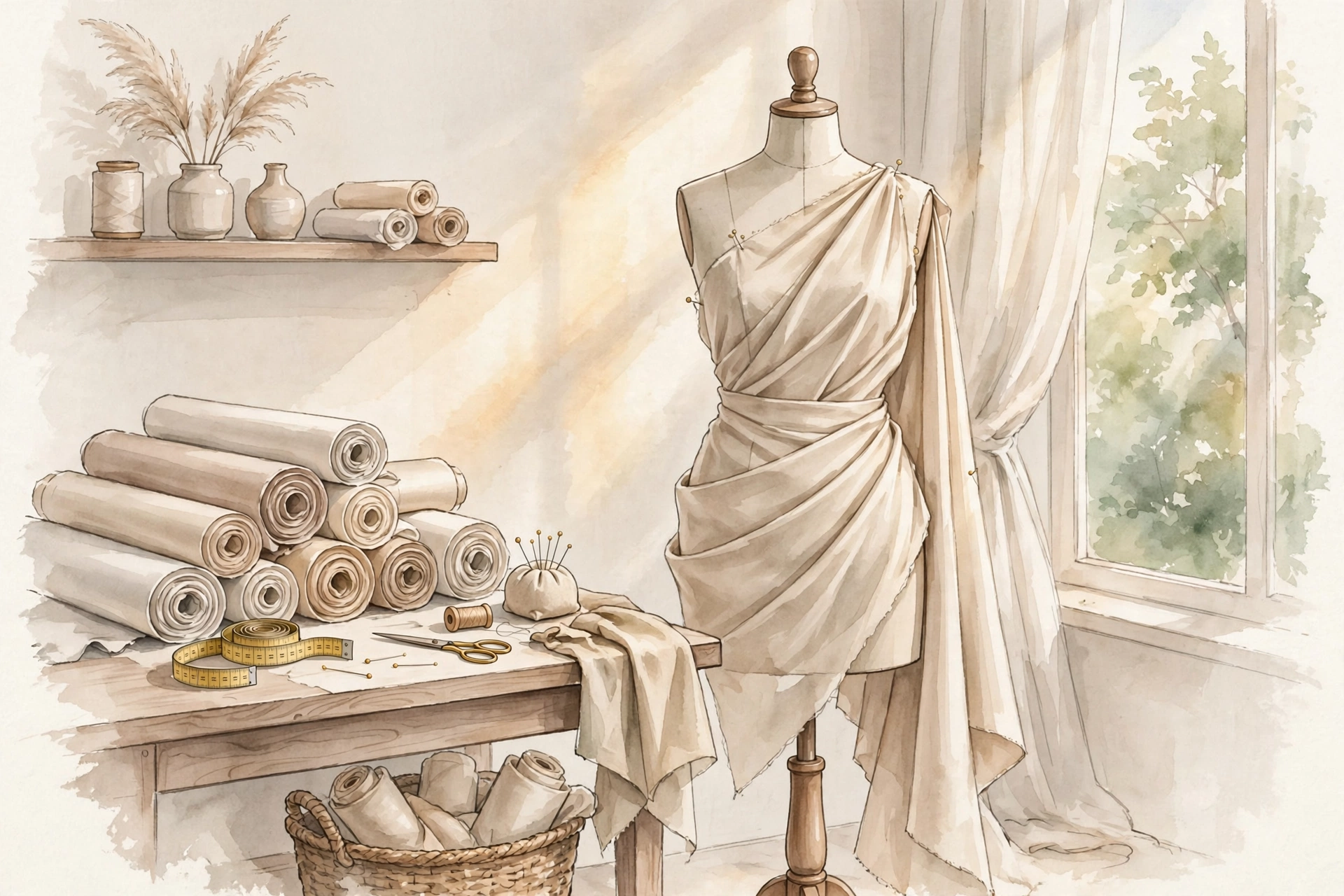 Fashion design studio with fabric draped dress form representing Kim Kardashian SKIMS business empire