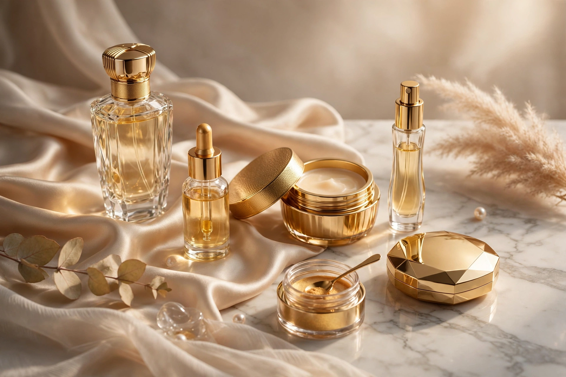 Elegant cosmetics and perfume bottles on marble vanity illustrating Kim Kardashian beauty brand wealth