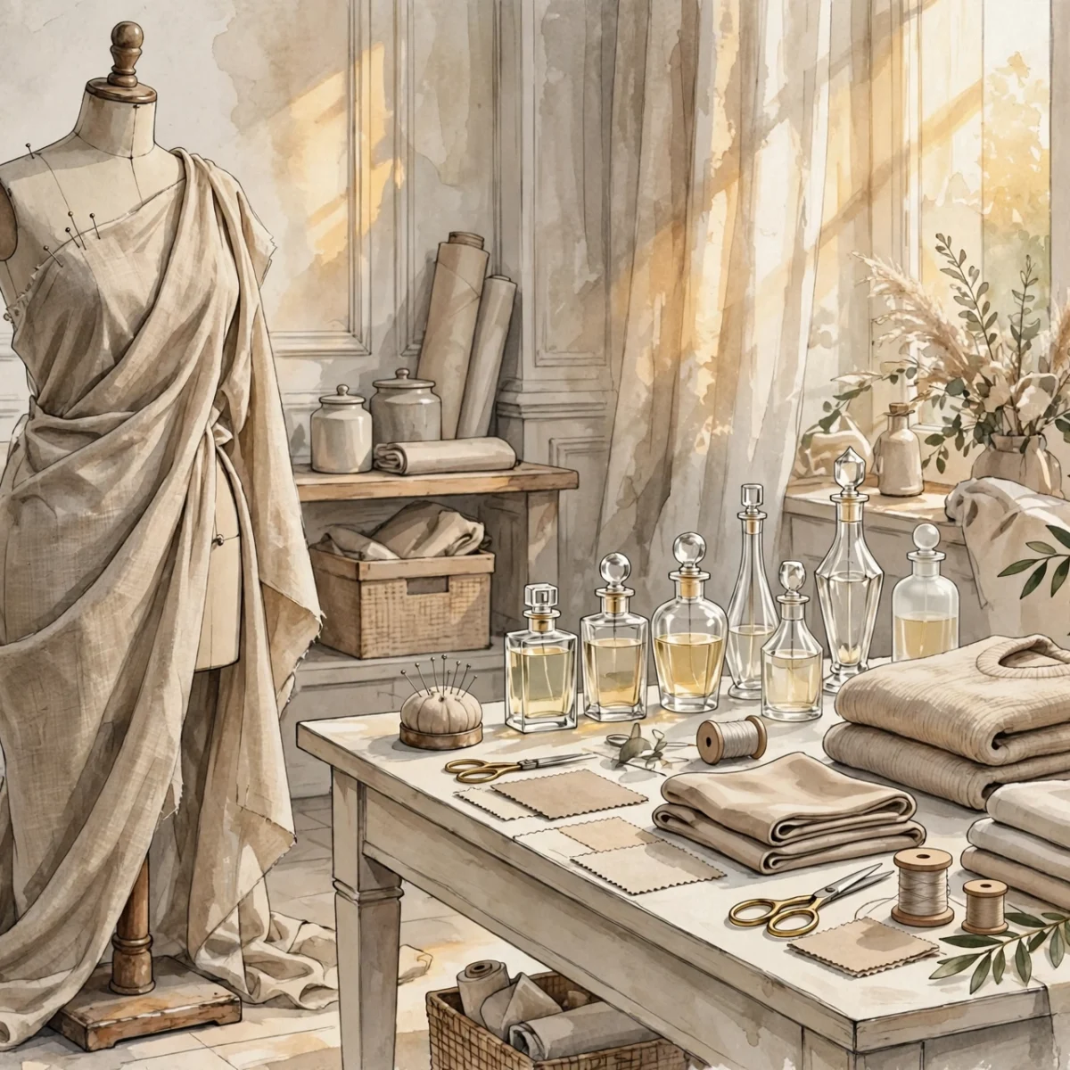 Luxury fashion atelier with dress form and perfume bottles symbolizing Kim Kardashian net worth 2026