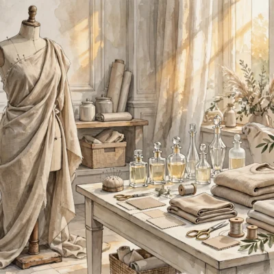 Luxury fashion atelier with dress form and perfume bottles symbolizing Kim Kardashian net worth 2026