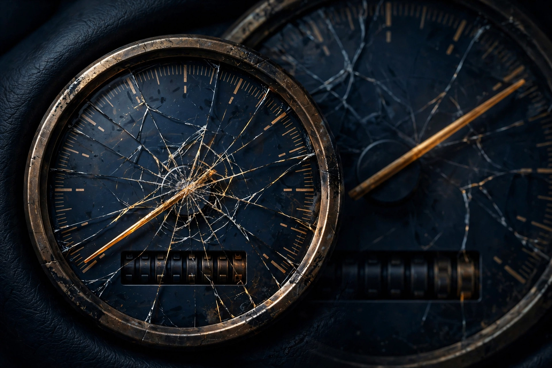 Editorial illustration of a car dashboard gauge with a shadowy duplicate dial symbolizing odometer mileage discrepancy