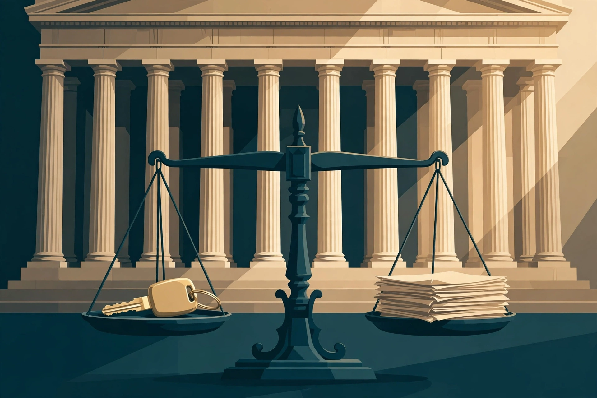 Editorial illustration of courthouse columns and a scale of justice balancing a car key against legal documents