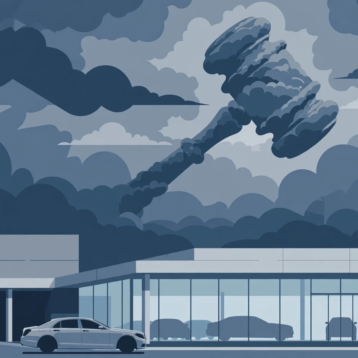 Editorial illustration of a luxury sedan parked outside a dealership showroom under dark clouds with a symbolic gavel in the sky