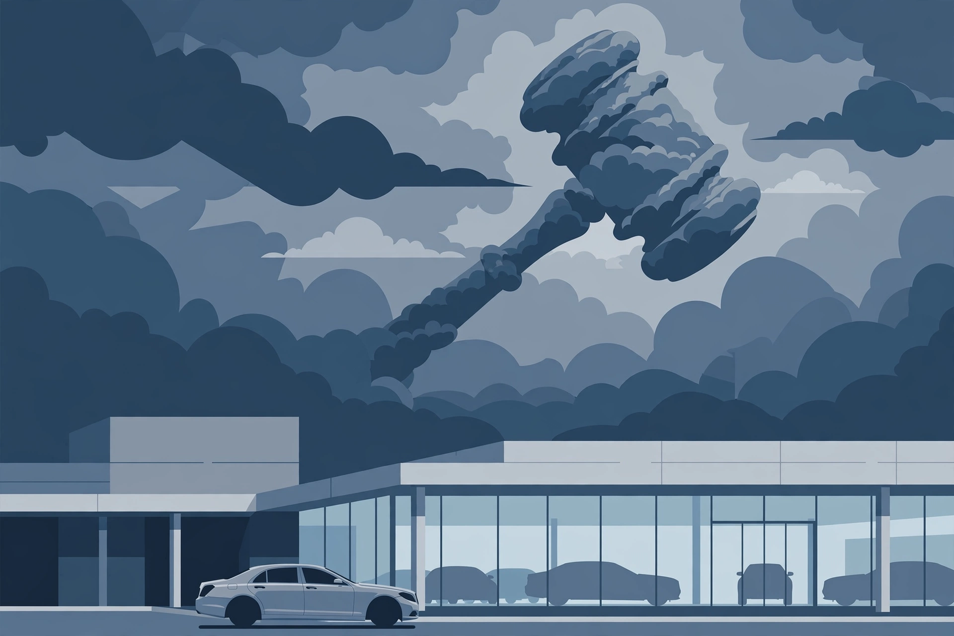 Editorial illustration of a luxury sedan parked outside a dealership showroom under dark clouds with a symbolic gavel in the sky