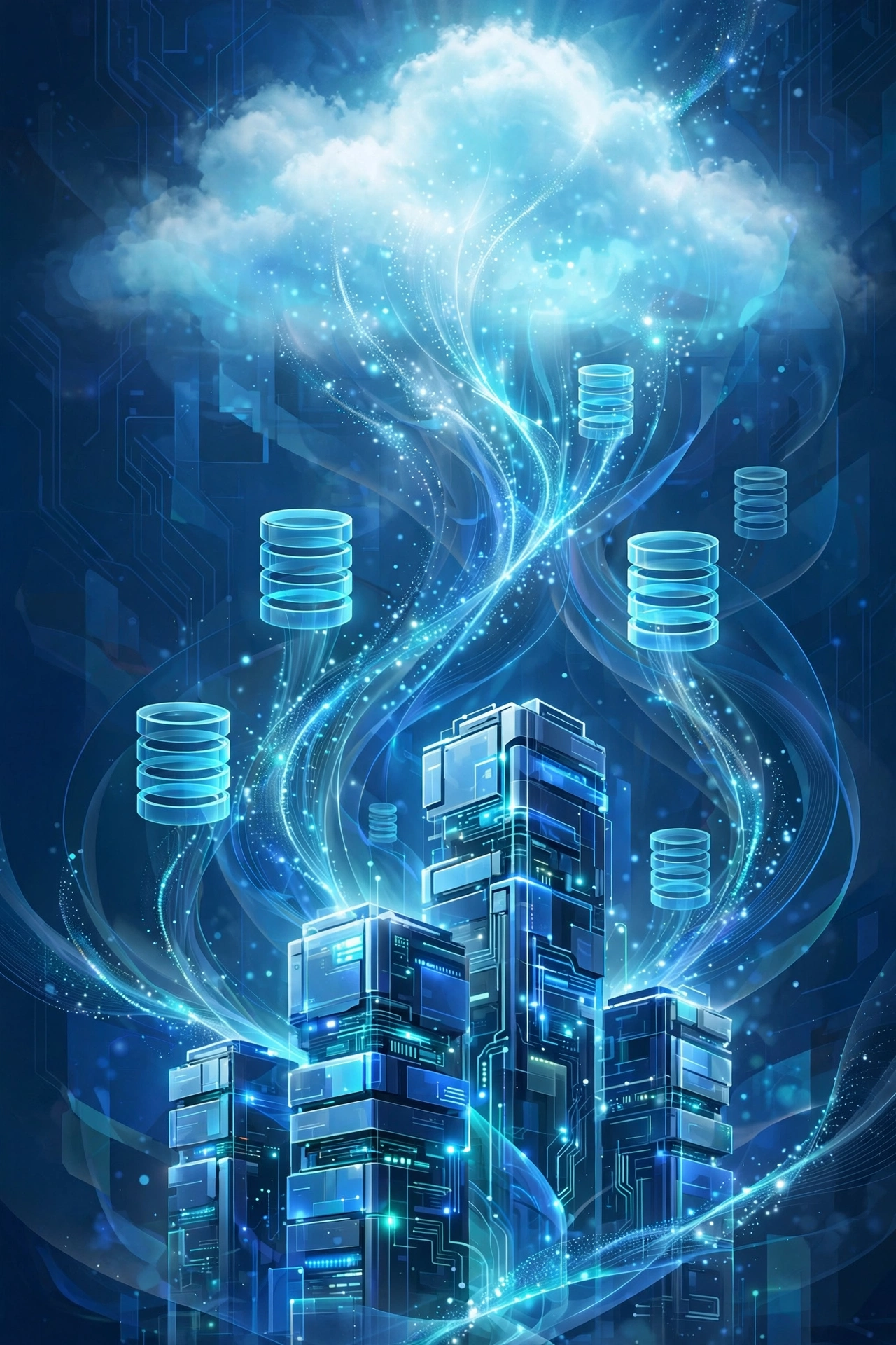 Abstract enterprise software and cloud computing illustration with servers and data streams, Larry Ellison Oracle wealth 2026