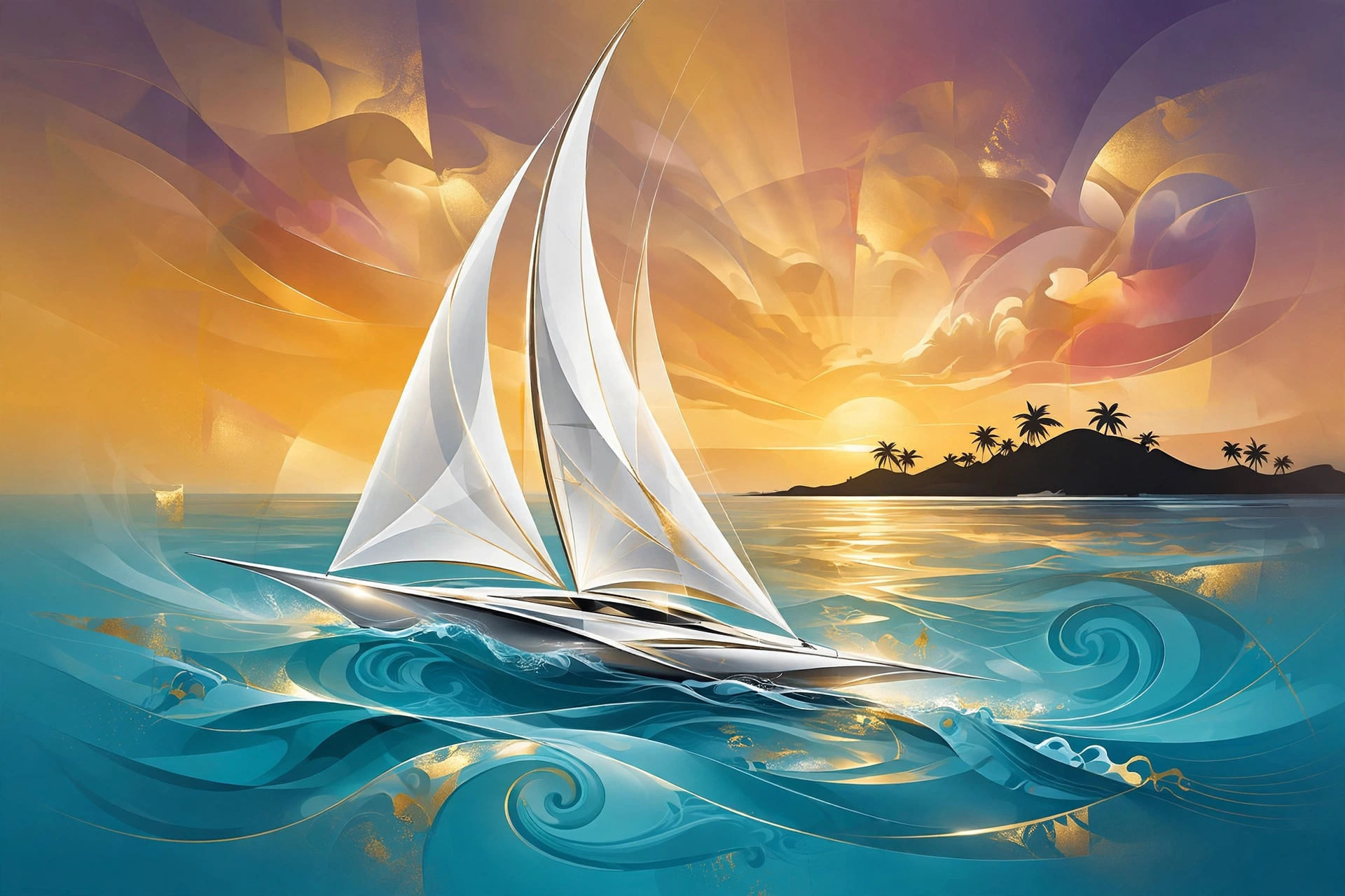 Abstract racing sailboat with tall sails on turquoise ocean at sunset, Larry Ellison sailing lifestyle 2026