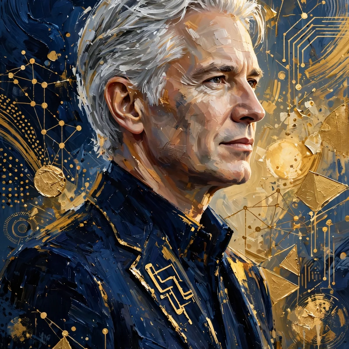Stylized digital painting of a silver-haired tech billionaire with wealth motifs, Larry Ellison net worth 2026