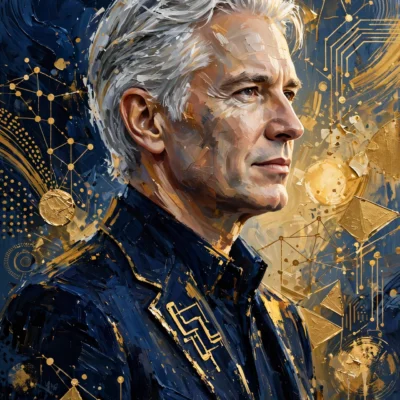 Stylized digital painting of a silver-haired tech billionaire with wealth motifs, Larry Ellison net worth 2026
