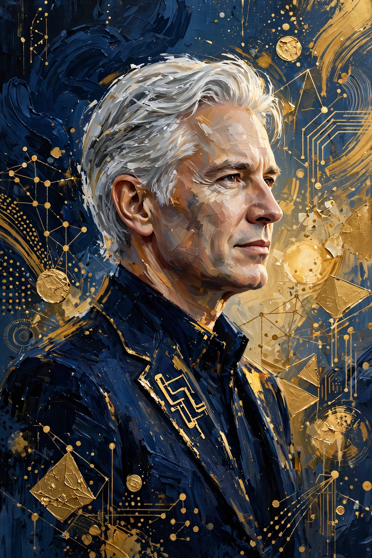 Stylized digital painting of a silver-haired tech billionaire with wealth and technology motifs, Larry Ellison net worth 2026