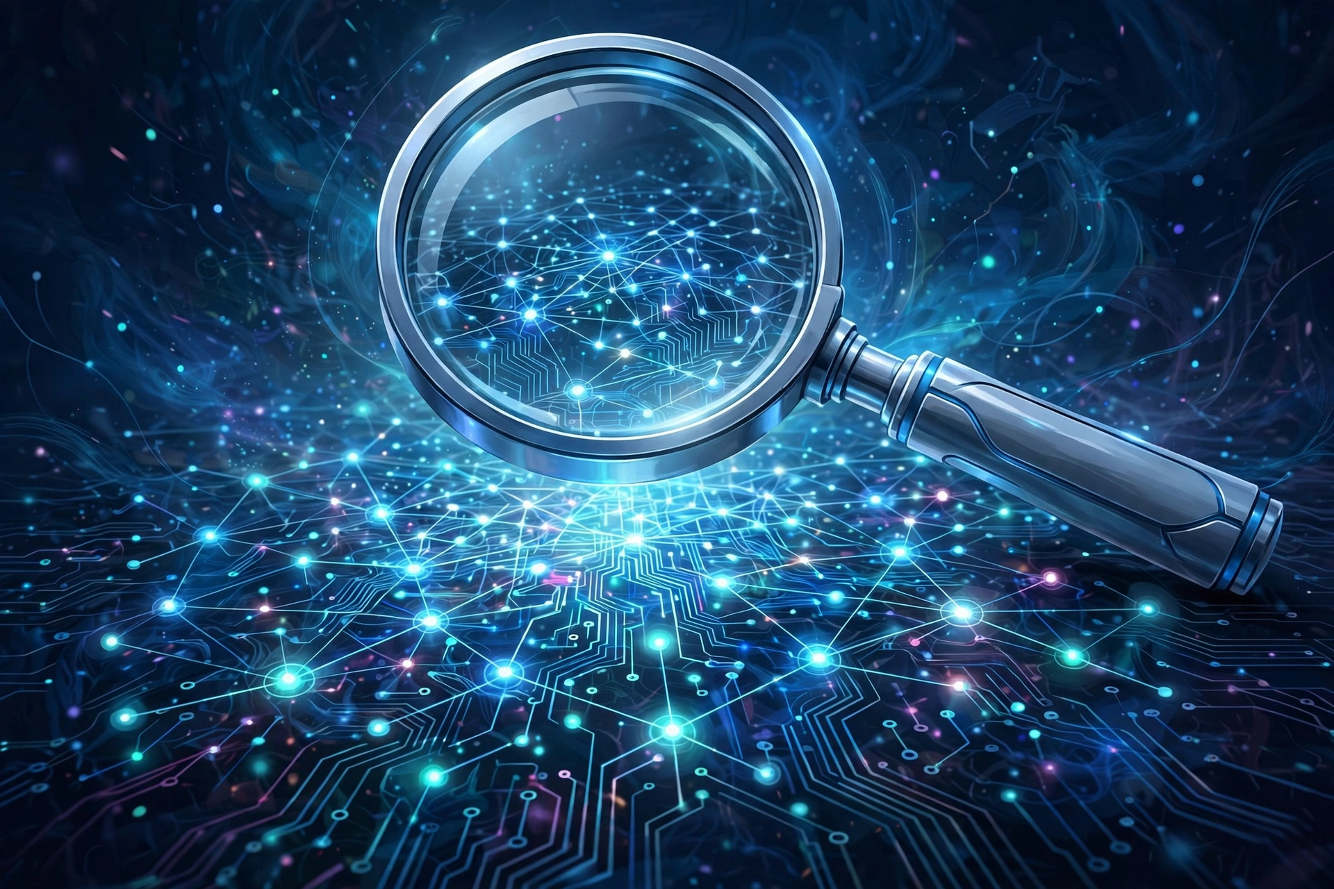 Abstract search engine motif with magnifying glass and connected nodes, Larry Page Google wealth 2026
