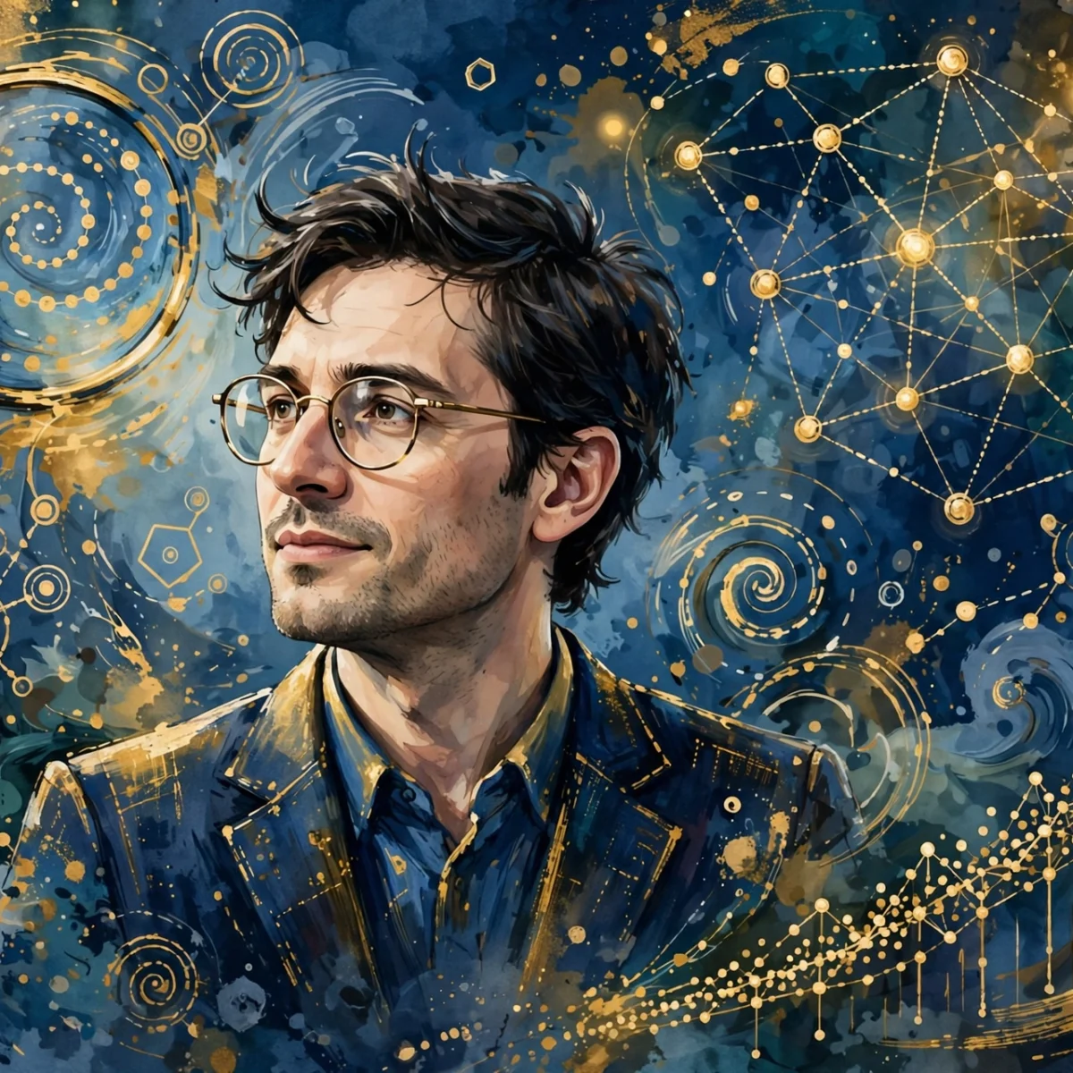 Stylized digital art portrait inspired by Larry Page with search and technology motifs, Larry Page net worth 2026