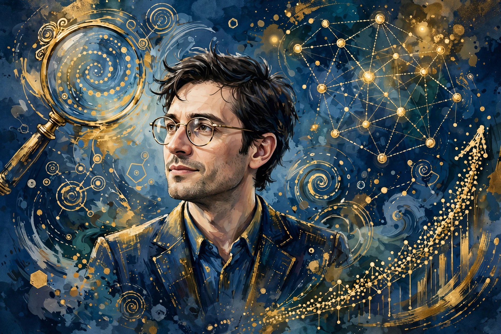 Stylized digital art portrait inspired by Larry Page with search and technology motifs, Larry Page net worth 2026