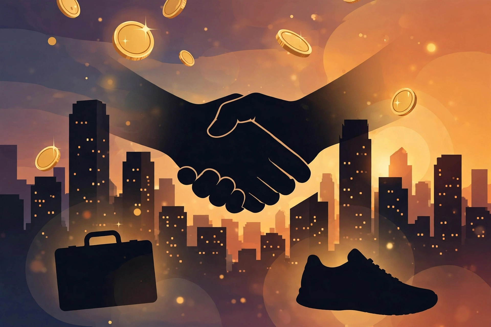 LeBron James endorsement deals concept showing a sponsorship handshake over a city skyline