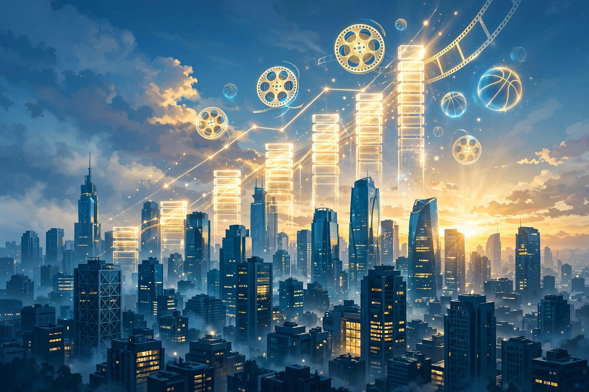 LeBron James business empire illustration with a city skyline, rising charts and media symbols