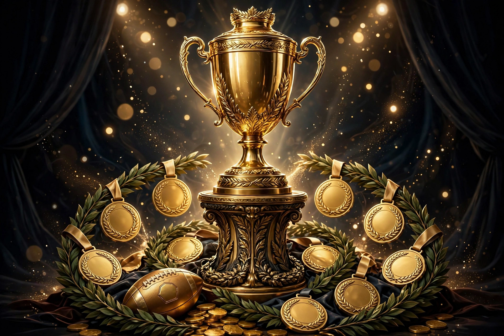 Golden trophy with medals and laurels representing Lionel Messi achievements and billionaire athlete status