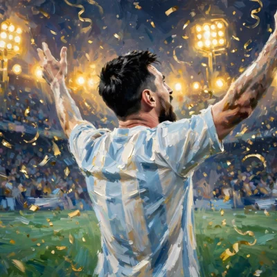 Digital painting of a footballer celebrating in a stadium, illustrating Lionel Messi net worth 2026