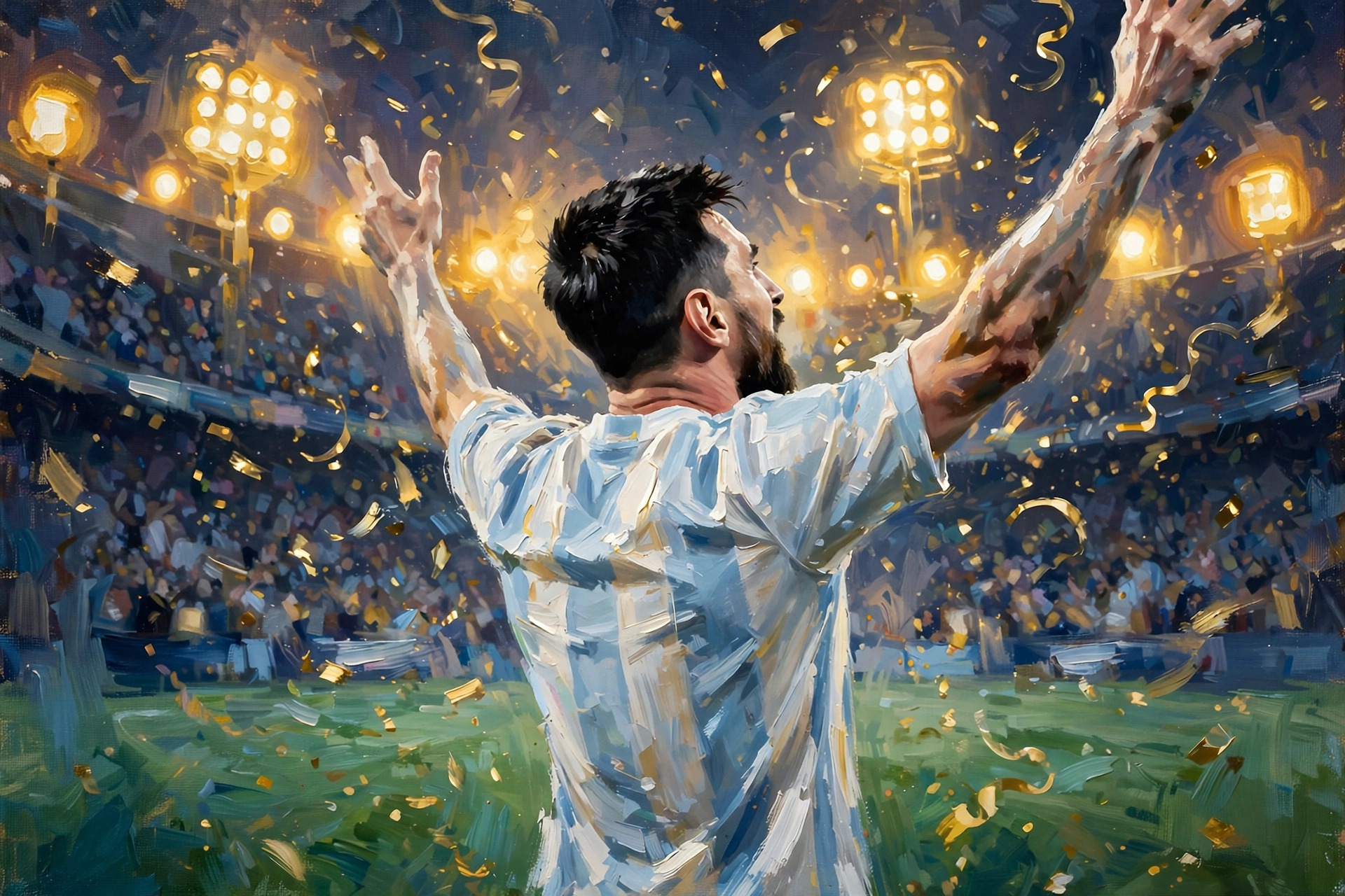 Digital painting of a footballer celebrating in a stadium, illustrating Lionel Messi net worth 2026