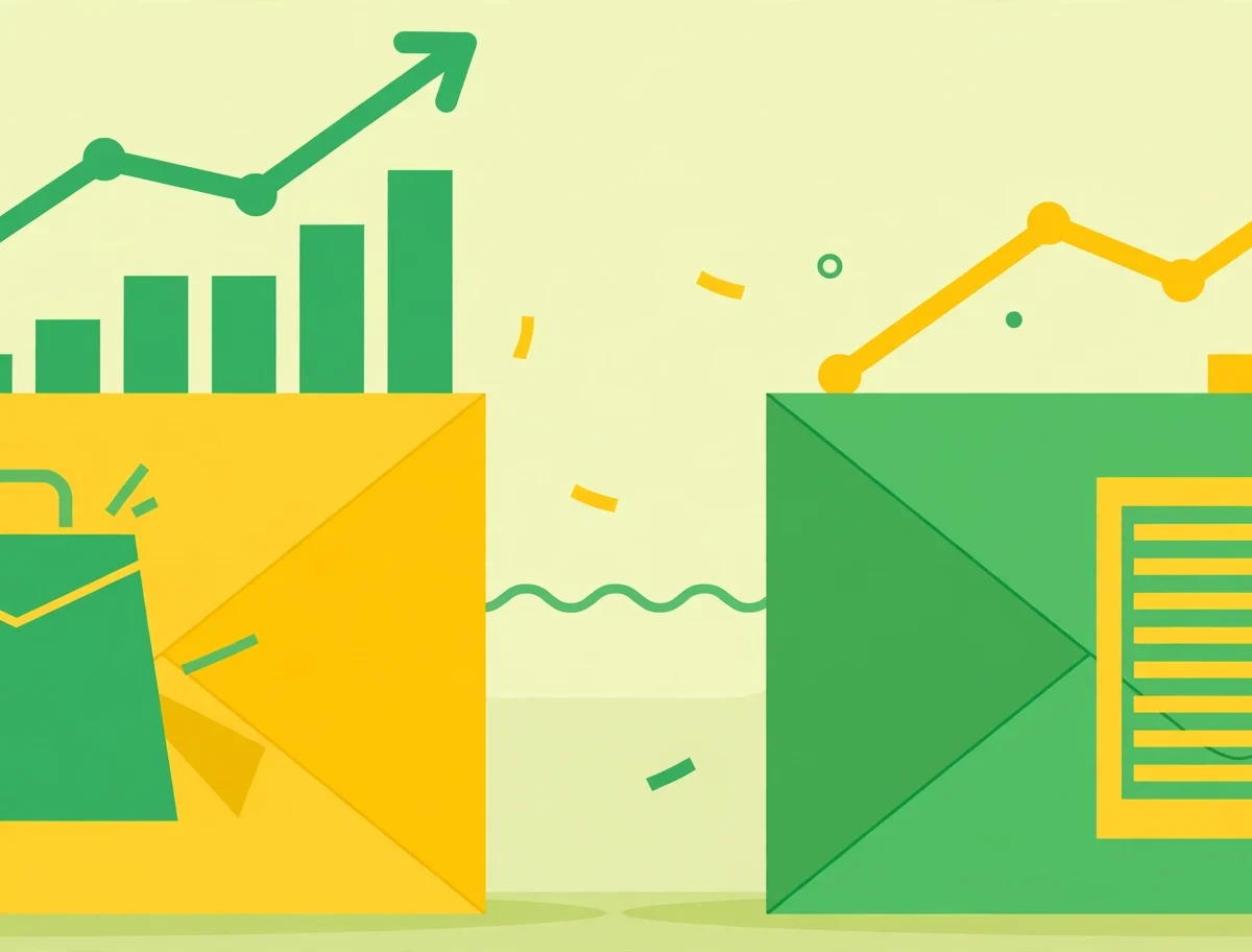 Two stylized envelopes with shopping and newsletter motifs comparing Mailchimp and ConvertKit email tools