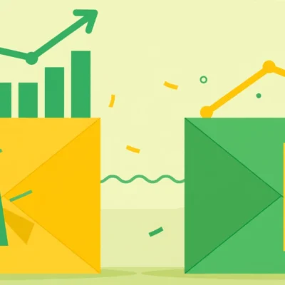 Two stylized envelopes with shopping and newsletter motifs comparing Mailchimp and ConvertKit email tools