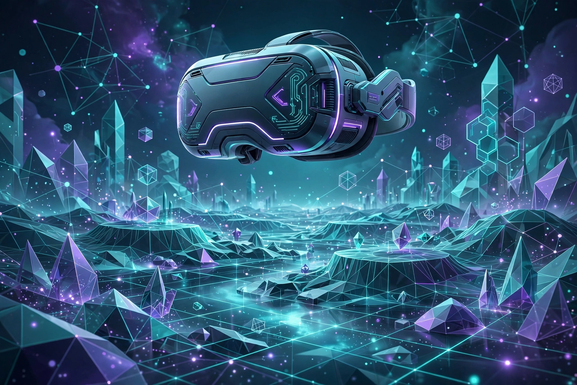 Futuristic virtual reality headset over metaverse landscape symbolizing Meta Reality Labs and Zuckerberg investments