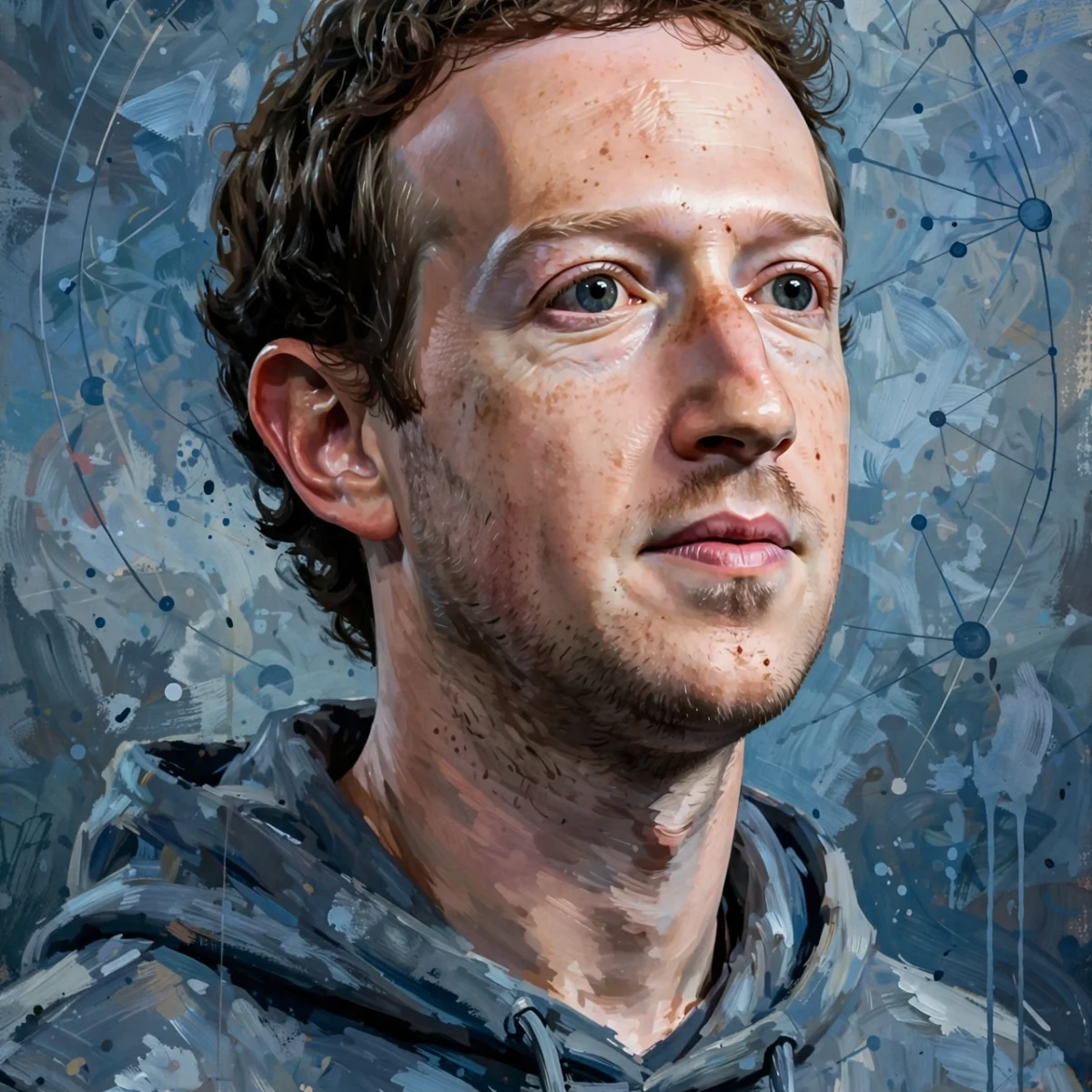 Stylized digital-art portrait inspired by Mark Zuckerberg with social network motifs for Mark Zuckerberg net worth 2026