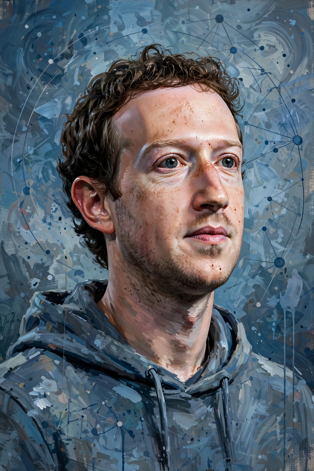 Stylized digital-art portrait inspired by Mark Zuckerberg with social network motifs for Mark Zuckerberg net worth 2026